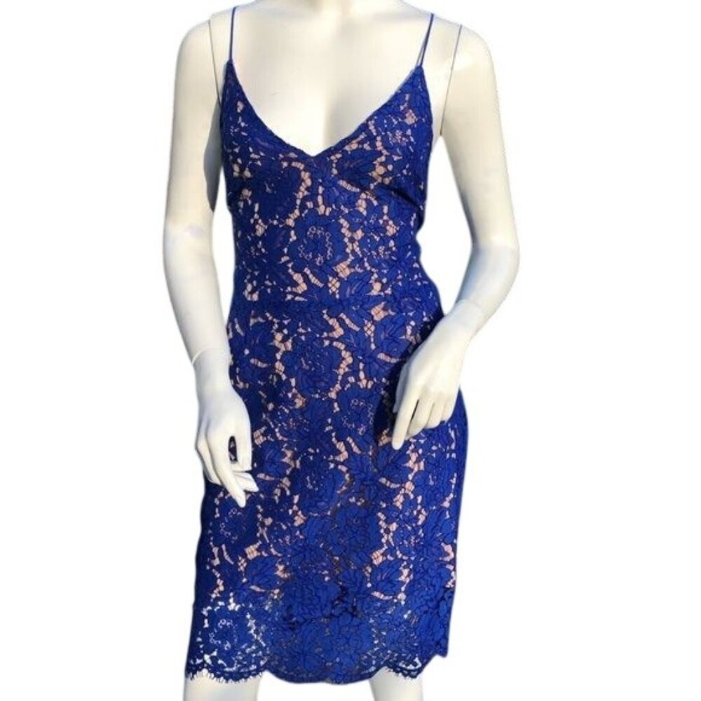 Lush Blue Lace Midi Dress With Nude Lining & Strappy Lace-Up Back Size L
